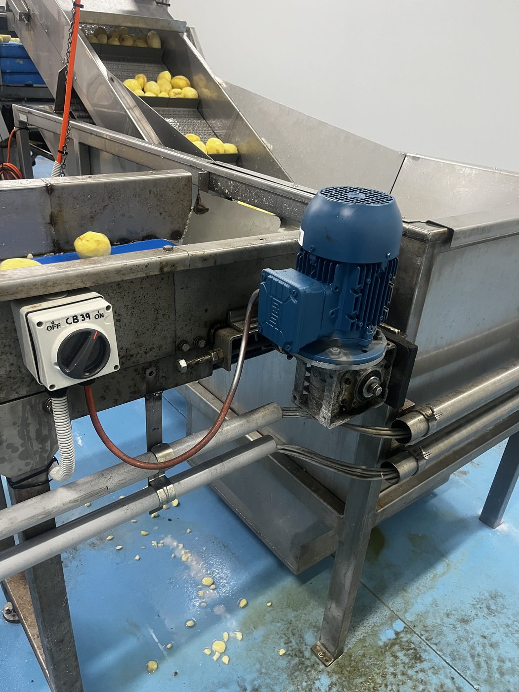Stainless steel potato washing and grading line in a food processing plant, with a geared drive motor and a weatherproof rotary isolator mounted within arm's reach of it and labelled to its circuit number, wired by SALTD Electrical